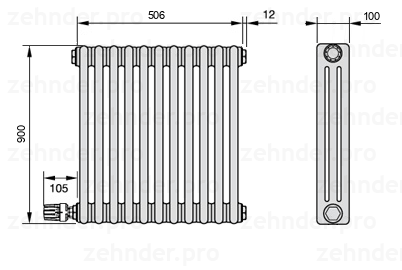 Схема (чертеж) Радиатор Zehnder Charleston 3090/11 №V004 Белый глянцевый RAL 9016